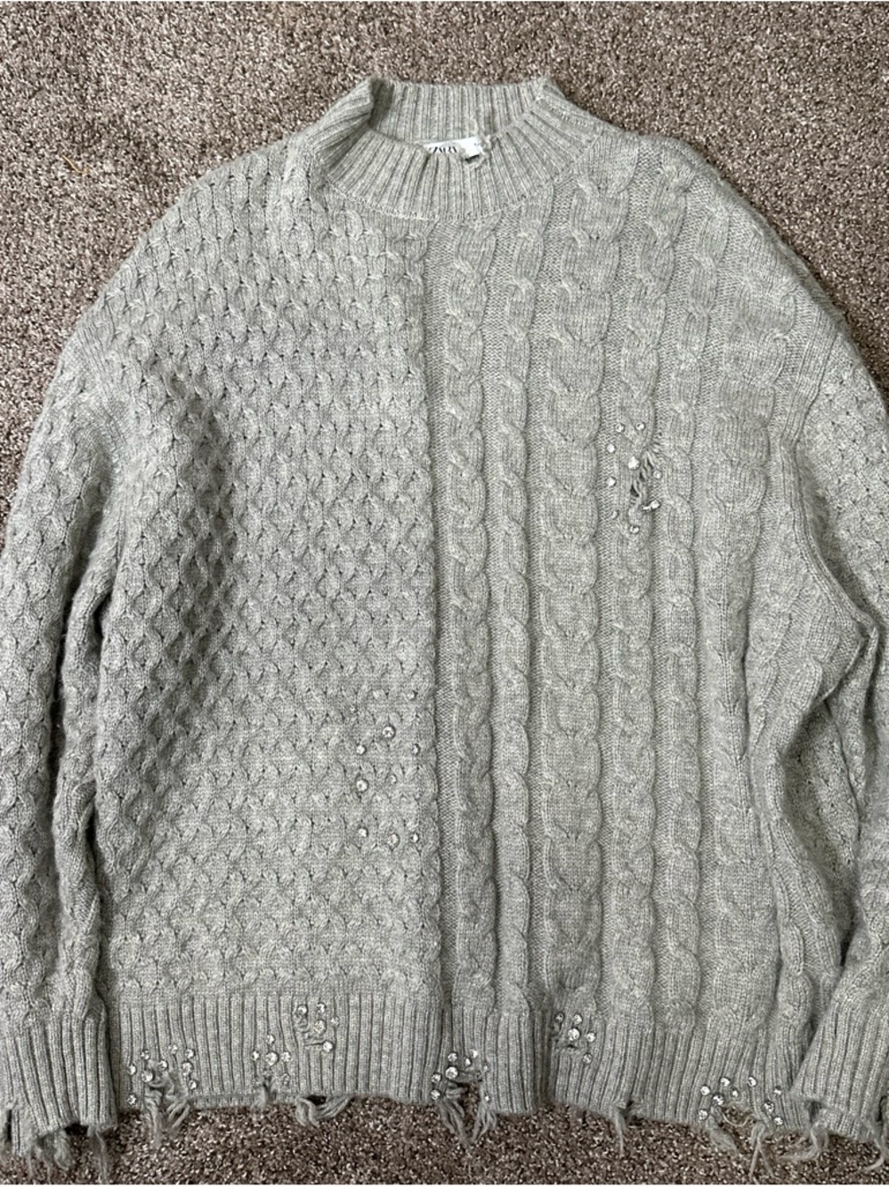 Zara Gray Cable Knit Rhinestone Distressed Oversized Sweater Size M
